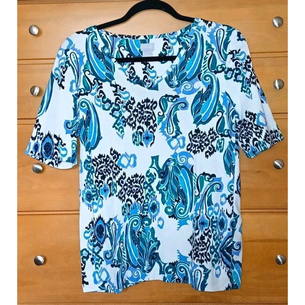 Chicos Womens 1/M Blue Paisley Knit Pima Cotton V-Neck Short Sleeve Pullover Top